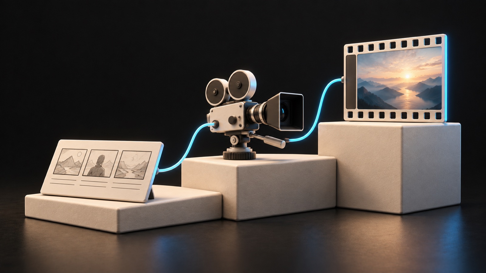 Storyboard, kamera ve film ekranını üç basamakta birleştiren prodüksiyon illüstrasyonu.